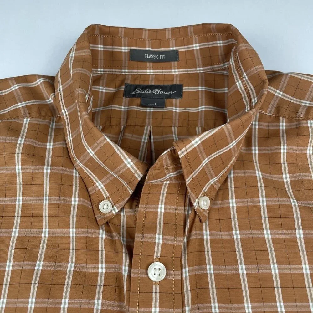 Eddie Bauer Button Up Shirt Men’s L Short Sleeve Check Cotton Blend Lightweight